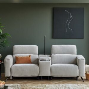 Kenzie light grey fabric recliner 2 seater sofa with console