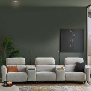 Kenzie light grey fabric recliner 3 seater sofa with console