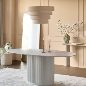 Austin White Marbled Ceramic Fluted 6 Seater Dining Table