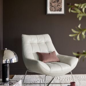 Canio Natural Grey Leather And Brushed Steel Accent Chair