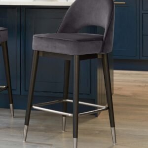 Clover Dark Grey Velvet Bar Stool With Stainless Steel Caps