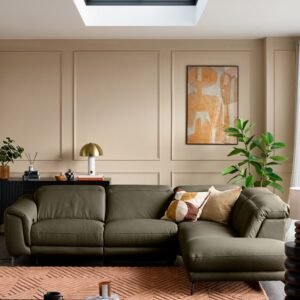 Connor olive green leather recliner right hand corner chaise sofa