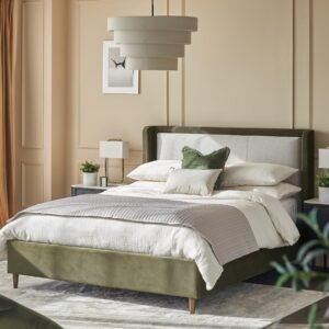 Grove natural fabric and olive green velvet double ottoman storage bed