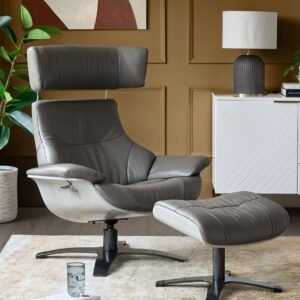 Karma dark grey leather swivel recliner accent chair and footstool