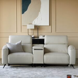 Kenzie Natural Grey Leather Recliner 2 Seater Sofa with console table – Danetti