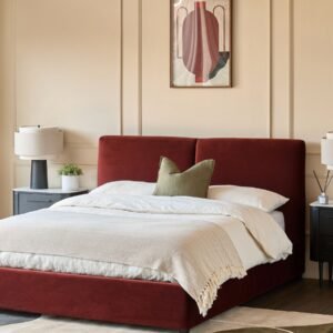 Leona toffee red velvet double ottoman storage bed