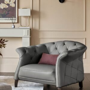 Luxe Modern Dark Grey Leather And Dark Wood Leg Armchair