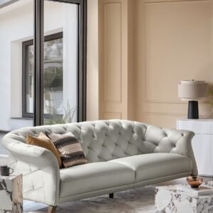 Luxe natural grey leather with dark wood 3 seater sofa