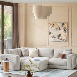 Lynetta natural grey chenille small corner sofa with footstool