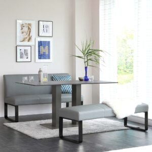Loop Mid Grey Faux Leather & black leg 3 Seater Bench Without Backrest