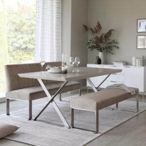 Ophelia 3 Seater Champagne Velvet & Stainless Steel Bench Without Backrest