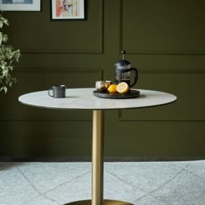 Romeo White Marbled Ceramic and Brass Pedestal 4 Seater Dining Table