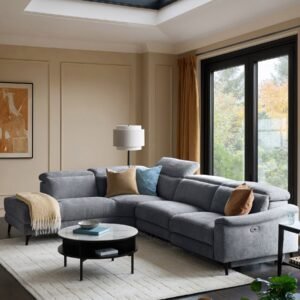 Serene blue grey chenille left hand corner chaise recliner sofa